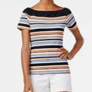 🔥Sale - Michael Kors Short Sleeve Boat Neck Multi Color Striped Large Top